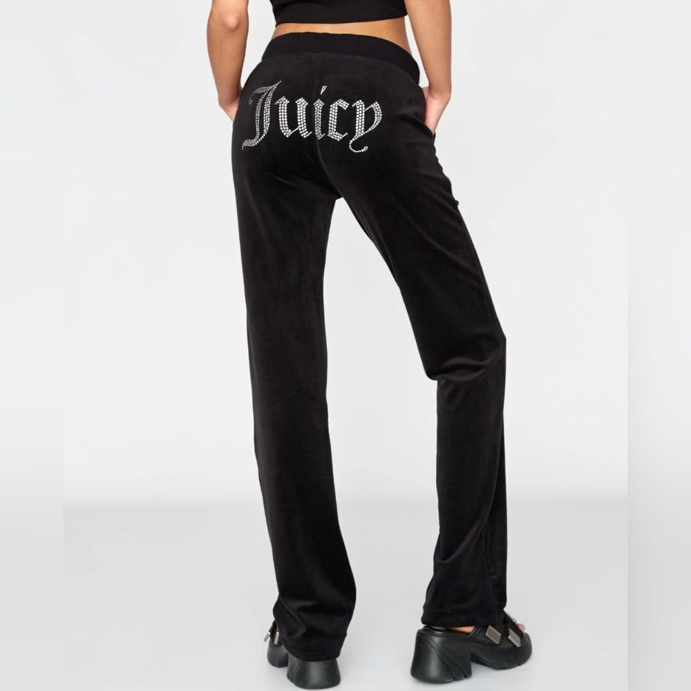 Juicy Couture Black Velvet Velour Rhinestone Gothic Script Iconic 2000s Pants